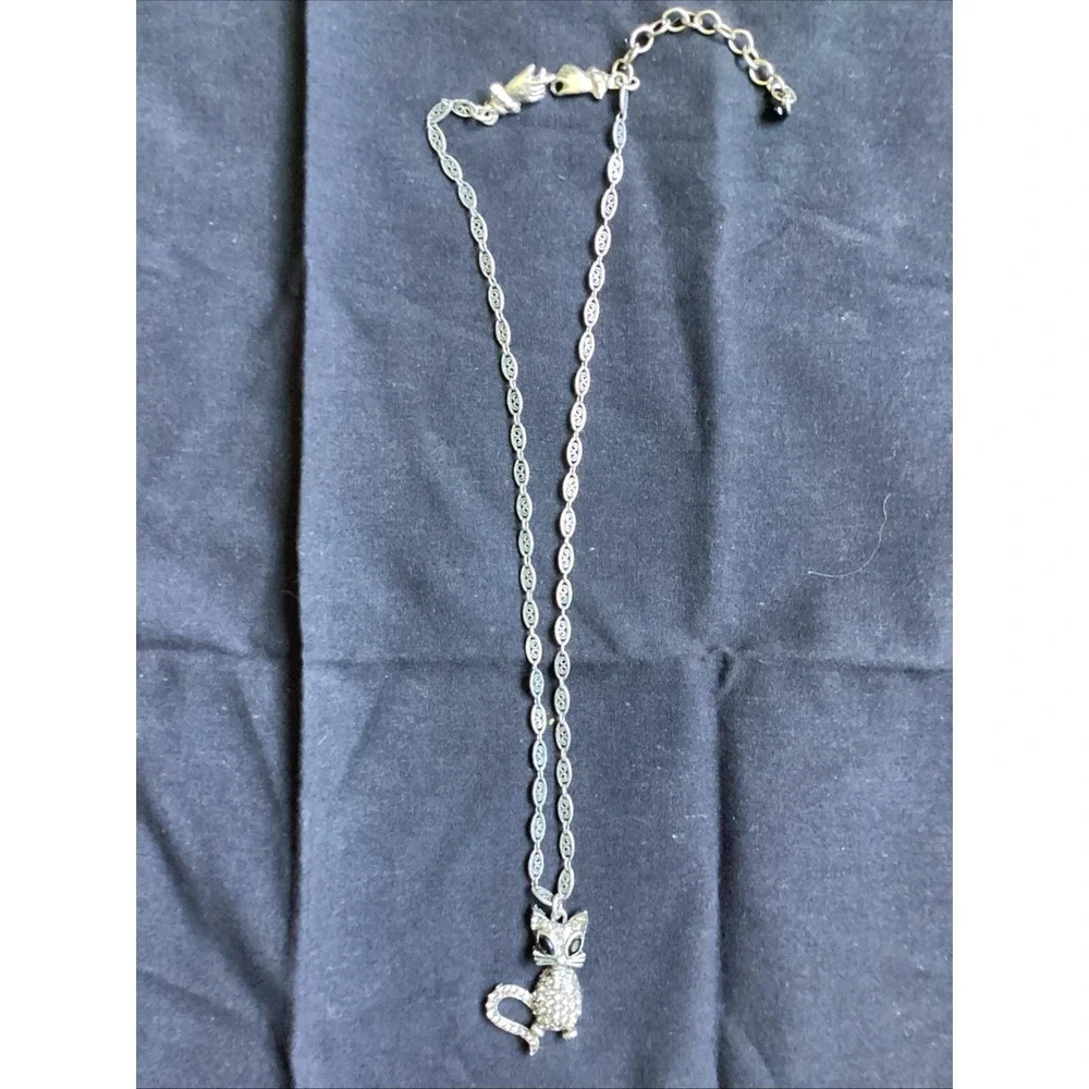 Vtg Mary DeMarco La Contessa Cat Pendant Necklace Rare Hand Clasp Pewter Signed